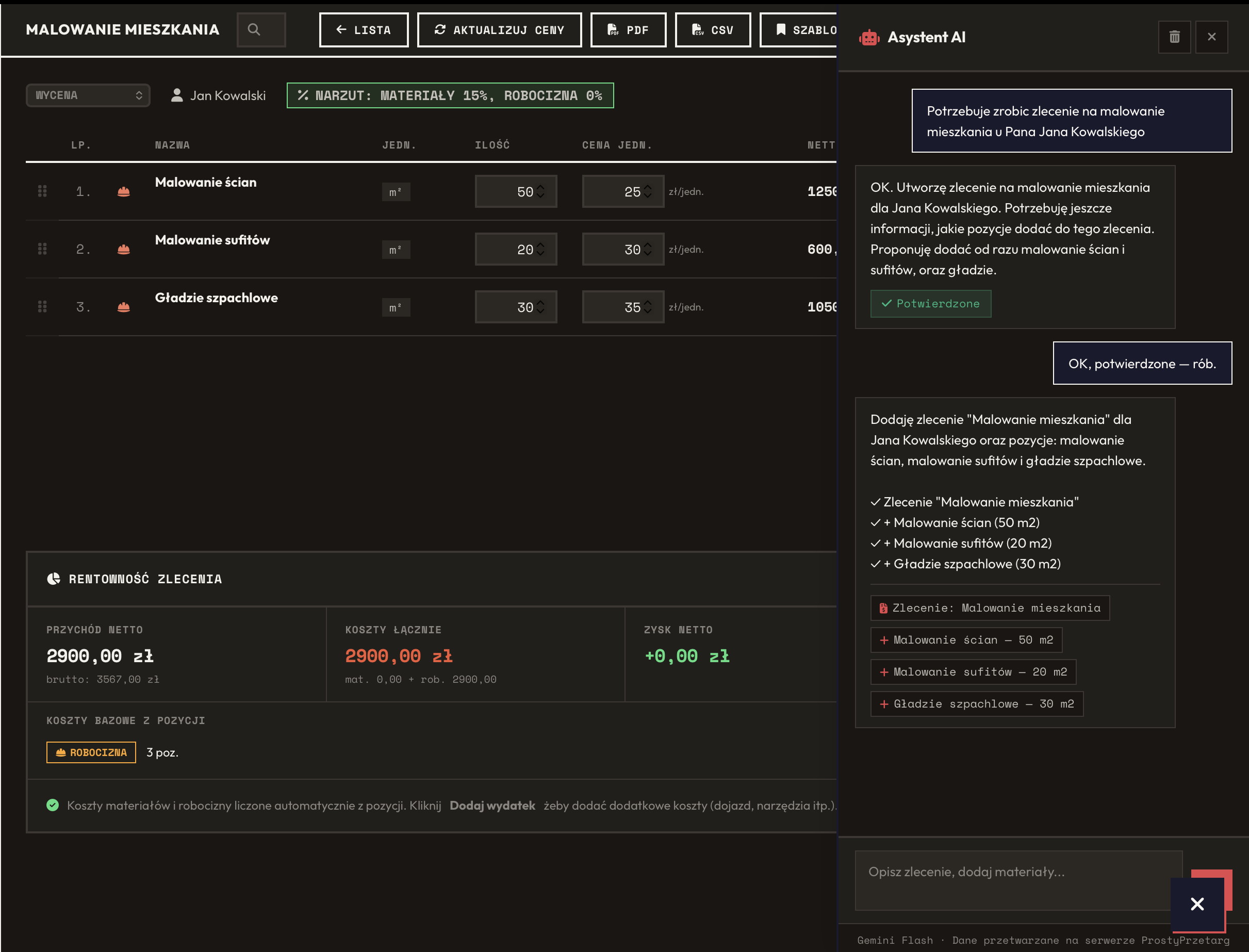 Asystent AI tworzy zlecenie