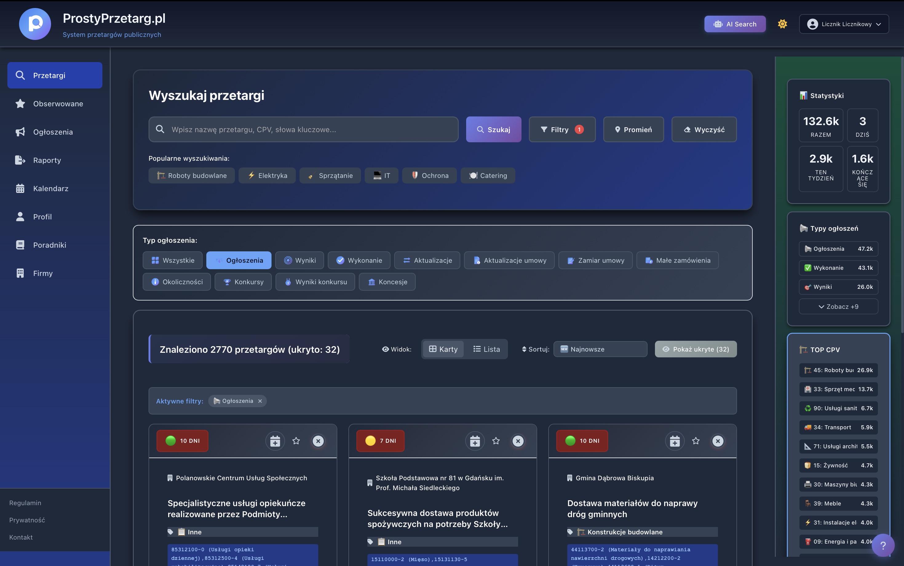 Dashboard - tryb ciemny